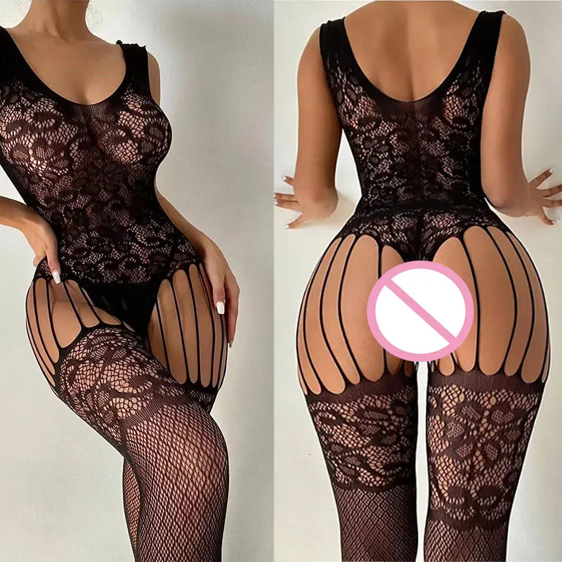 Doll Erotic Lingerie Women's Sexy Lace Bow Lacing See-through Crotchless Bodysuit Hollow Out Backless Temptation Sex Pajamas Set