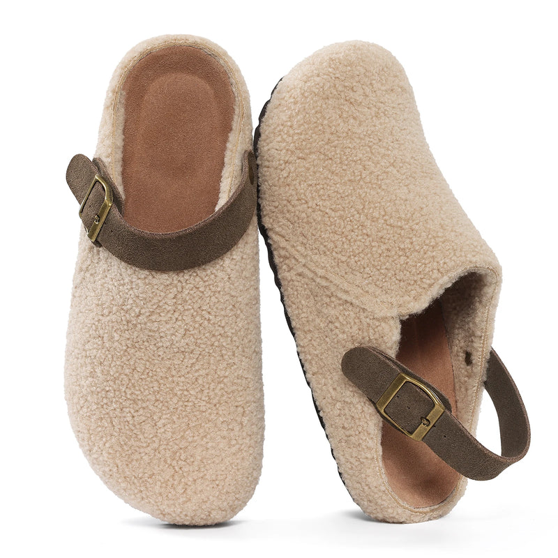 Crestar Fuzzy Clogs Slipper For Women Winter Non-slip Cork Footbed Mules With Adjustable Strap Lady Comfort Casual Potato Shoes