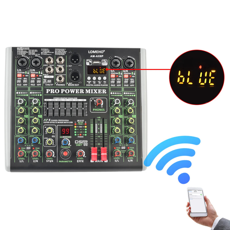 Lomeho 6 Channel Power Mixer 99 Effect Mixing Console with Amplifier Bluetooth USB PC Audio Record 2*100W Sound Table AM-AX6P