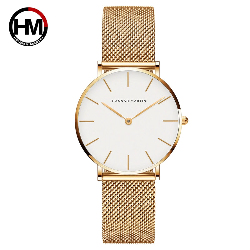 Stainless Steel Mesh Strap Women's Watch 36mm Silver Minimalist Dial Japanese Quartz Movement 6.9mm Slim Clock 3Bar Life Waterproof Local Fast Shipping Hannah Martin Brand Watch