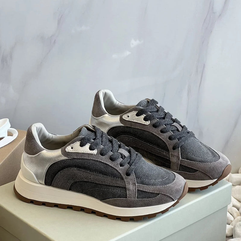 Women's Vulcanized Shoes Leather Beaded Casual Sneakers