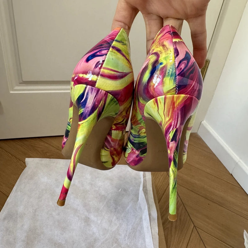 Veowalk Women's 12cm High Heels Pumps Colorful Print Pointed Toe Stiletto Shoes Sexy Party & Club Dress Shoes for Evening Events