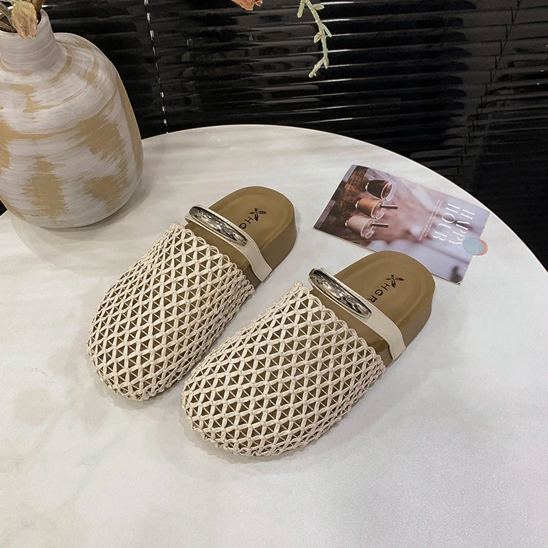 Women Hollow Out Mesh Woven Mules Slides Round Toe Metal Buckle Flat Backless Slip On Casual Summer Sandals Slippers Shoes Woman