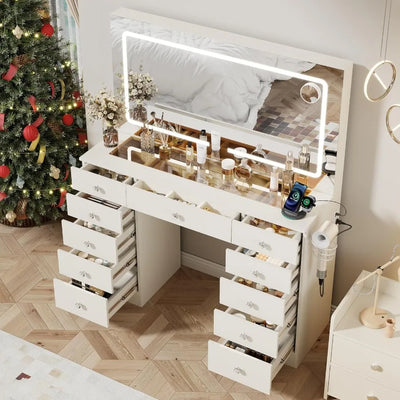 White Makeup Vanity with 11 Drawers and Glass | SAMAG