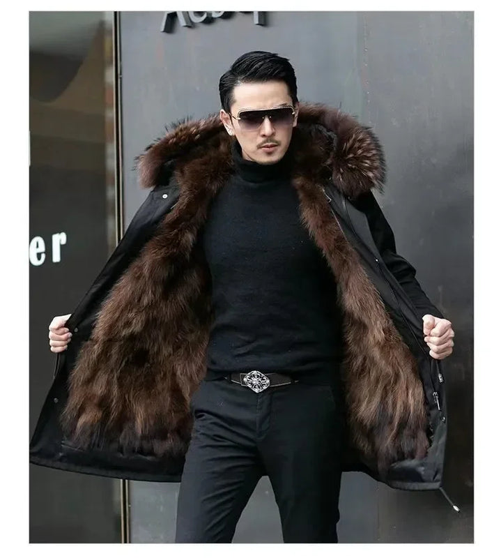 Fur Coat Detachable Hooded Keep Warm Jacket Parka Men Whole Mink Liner Winter New Fur Coat Mink-like Wool Mid-Length Leather