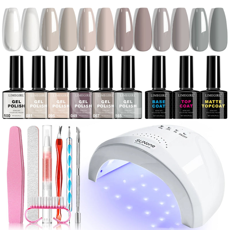 Gel Nail Polish Set for Beginner 6 PCS 8ML Glitter Art Gel Varnish with Base Coat Top Coat and UV Lamp for Manicure Salon Tools