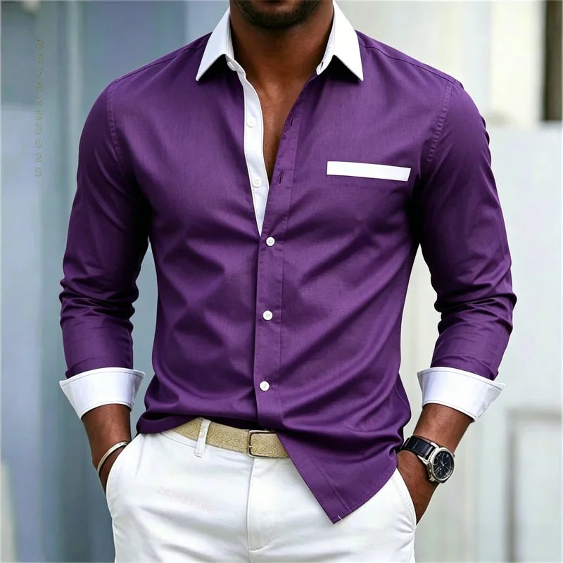 Men's shirt color blocking black and white lapel slim fit | SAMAG