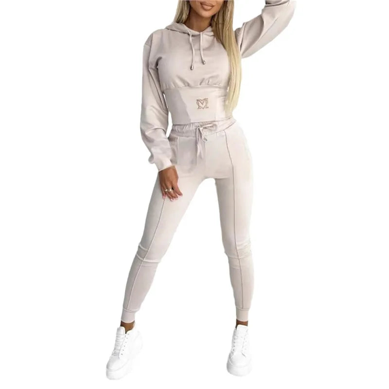 Women's 2 Piece Tracksuit Embroidered Letter Crop Hoodie Drawstring High Waist Pocket Jogger Pants Slim Casual Sports Outfit Set