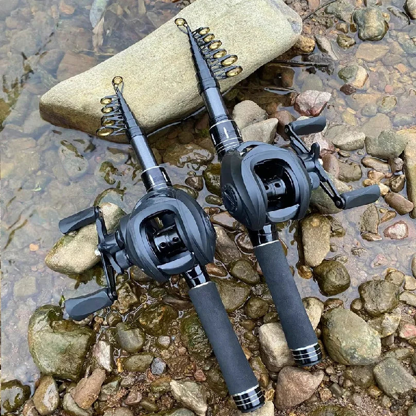 Mini Shrink 31cm Portable Fishing Rod Kit 1.5-2.1M Telescopic Carbon Trave Pole High Speed 7.2:1 Baitcasting Reel Carp Fishing