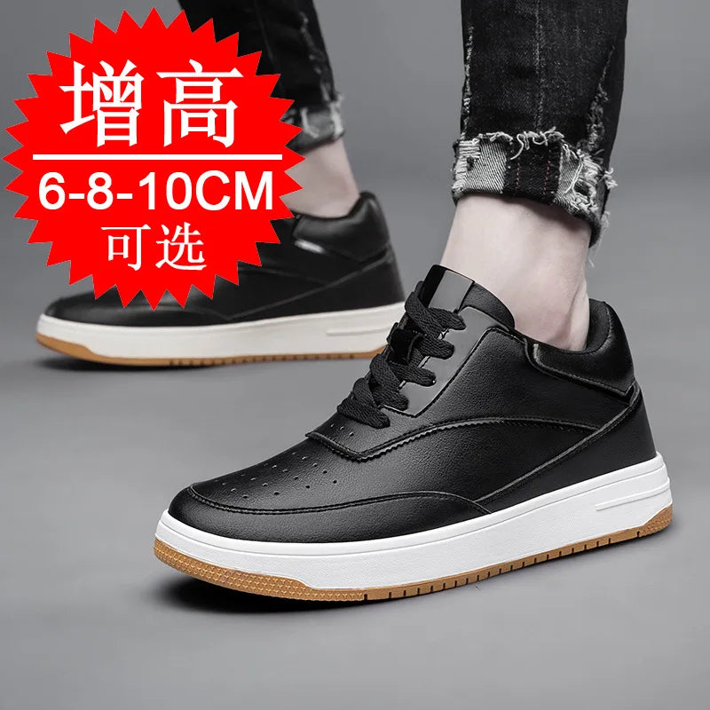 Men's Invisible Height Increasing Elevator Shoes 6cm 8cm 10cm Pure White Light-Weight Lace-up Genuine Leather Sporty Sneakers