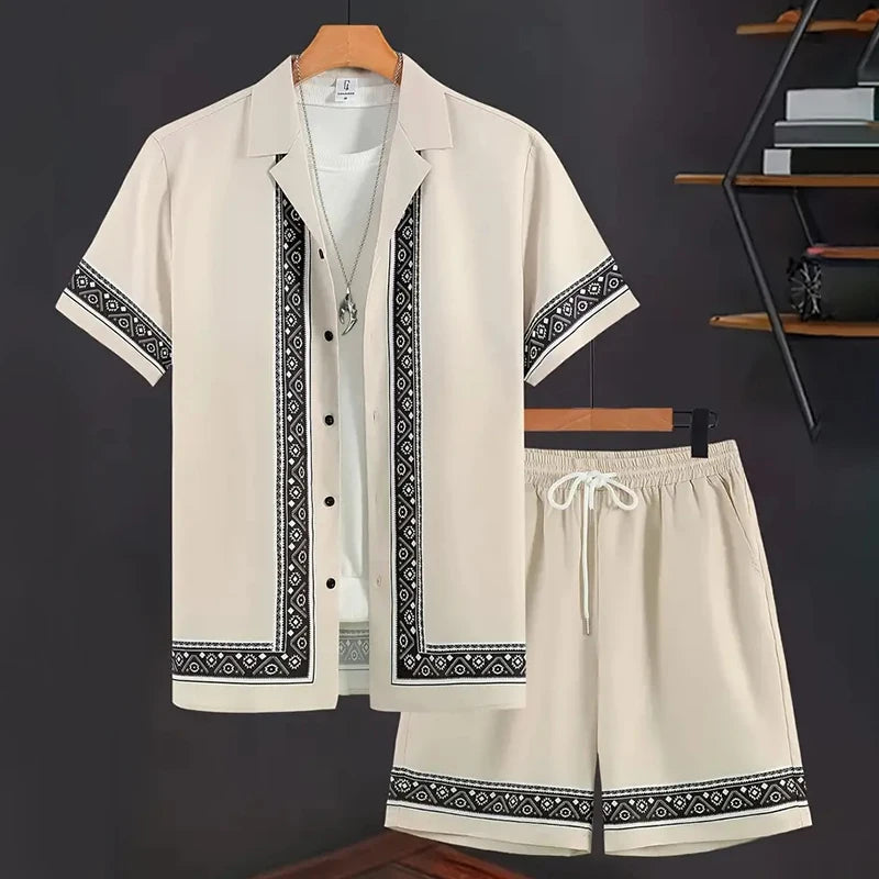 Men's Summer Holiday Suit Retro Textured Printed Border Shirt Short Sleeve Two Piece Breathable Pool - View 5 | SAMAG