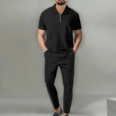 Autumn New European and American Men's Solid Color Leisure Suit Waffle Collar Short - sleeved Zipper Pants | SAMAG