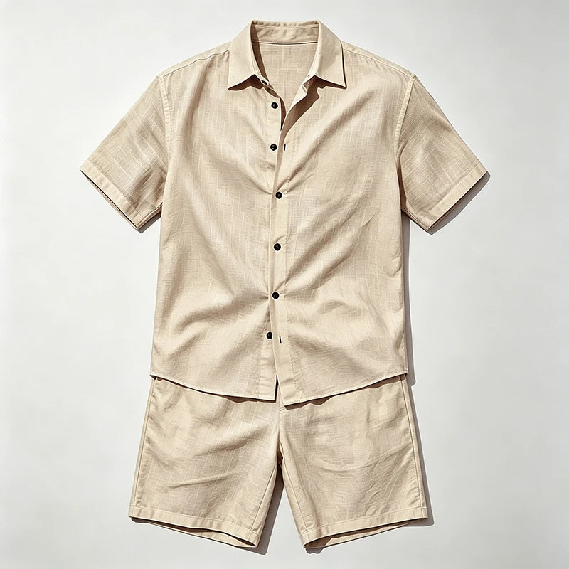 Men Linen Two Piece Outfit Short Sleeve Lapel Button | SAMAG