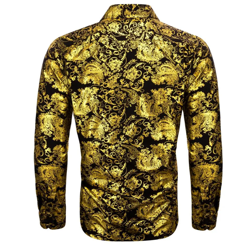 Luxury Silk Shirts for Men Long Sleeve Gold Black Floral | SAMAG