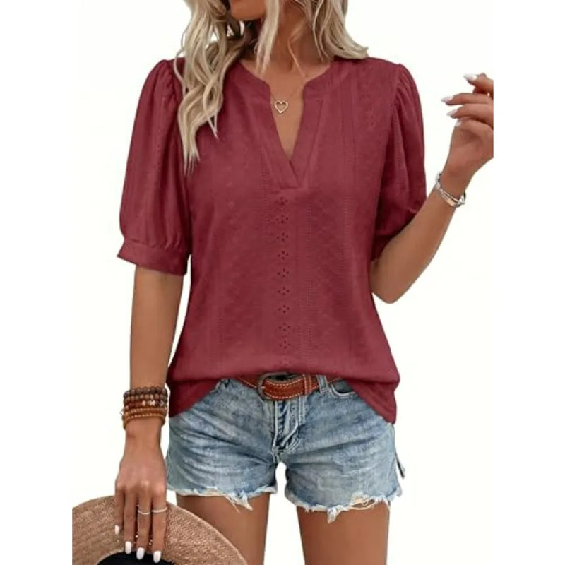 Dokotoo Womens Summer Business Casual Blouses V Neck Short Sleeve Shirts Eyelet Cute Lace Tops