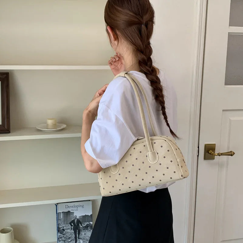 Fashion Polka Dot Printed Shoulder Bag Retro Matte PU Boston Bag Exquisite Versatile Commuter Underarm Bowling Bag Women Handbag