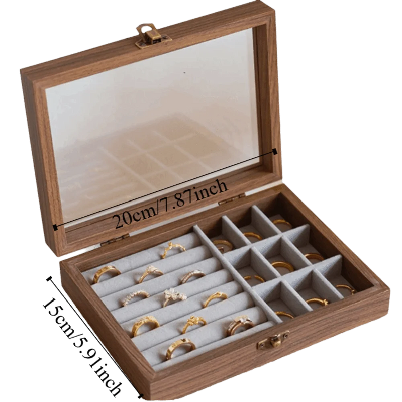 Retro Elegant Wood Jewelry Box Glass Lid Dust-proof Jewelry Organizer Velvet Storage Box Ring Display Holder Desk