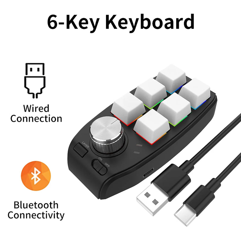 6 Key 1 Knob Bluetooth Keyboard USB Macro Custom Mini Keypad Copy Paste DIY Mechanical Keyboard Gaming Drawing Portable Hot-swap
