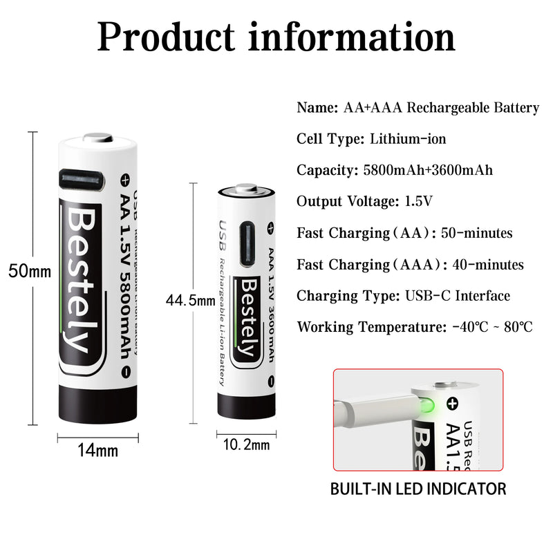 New 1.5V AAA 3600mAh+AA 5800mAh Lithium Ion Rechargeable Battery Fast Charging USB-C Li-ion Batteries 2000 Cycle with Free Cable