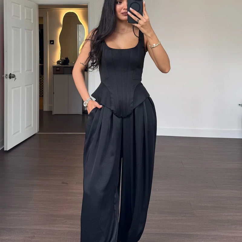 Laru Women Satin 2 Piece Outfit U Neck Corset Tank Top High Waist Harem Baggy Pants Elegant Party Daily Matching Suit
