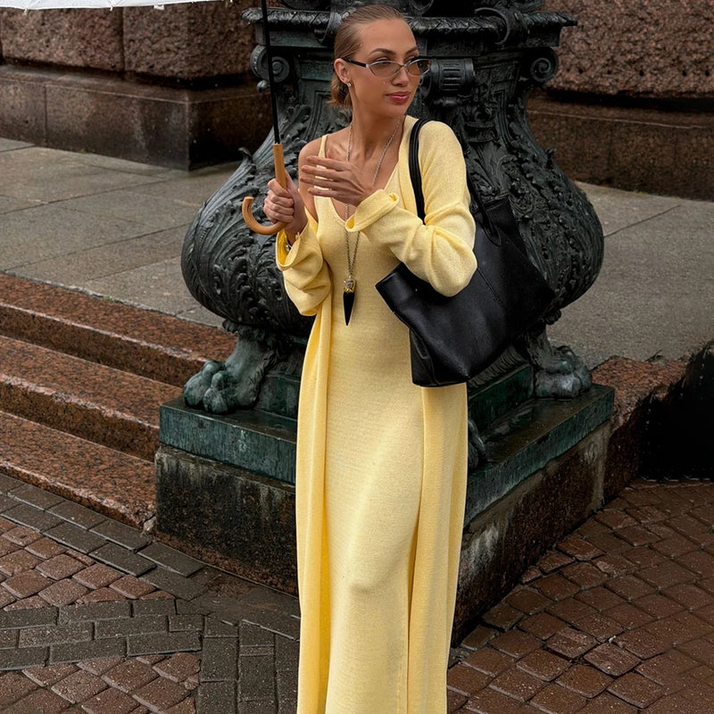 Tuularose Women Long Dress 2 Piece Solid Knitted Spaghetti Strap Dress Long Sleeve Cardigan Set Casual Fashion Female Dress Set