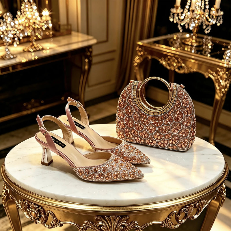 New Italian Pumps and Bag To Party 2026 INS Style Pointed Metalldekoration Rhinestone Elegant Gold Color High Heels for Women