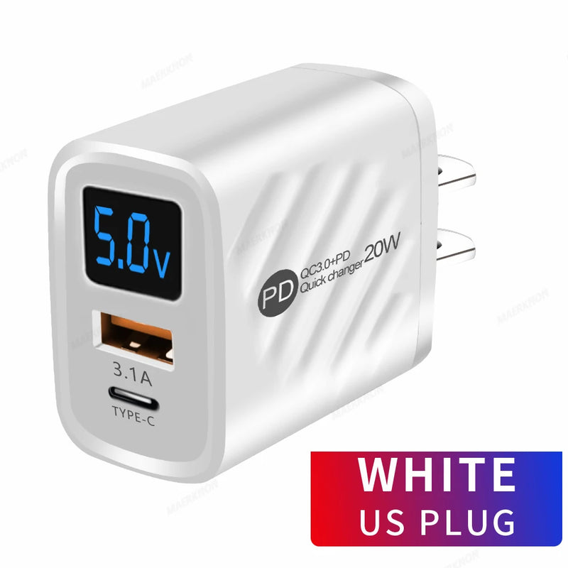 PD 20W USB C Charger Fast Charging Type C Wall Charger For iPhone 14 Samsung Xiaomi Huawei Digital Display Phone Charger Adapter
