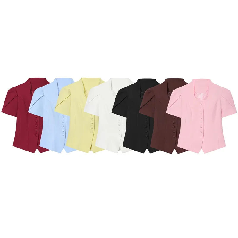 Women V Neck Puff Sleeve Cropped Blouse Button Slim - View 2 | SAMAG