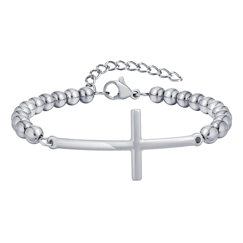 Vnox Simple Big Cross Bracelets with Glossy Stainless Steel Beads Adjustable Beaded Chain Men Religious - Visuel 7 | SAMAG