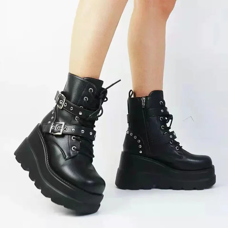 New Women's Pu Leather Ankle Boots Women Autumn Winter Round Toe Lace Up Shoes Woman Motorcycle Platform Botas Gothic Shoes