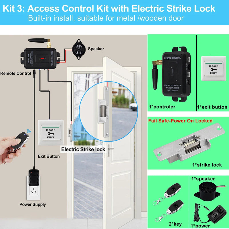 Smart Wireless Access Control System Kits Keyless 433Mhz Remote Control Unlock Kit Gate Opener Electronic Lock System Door Entry