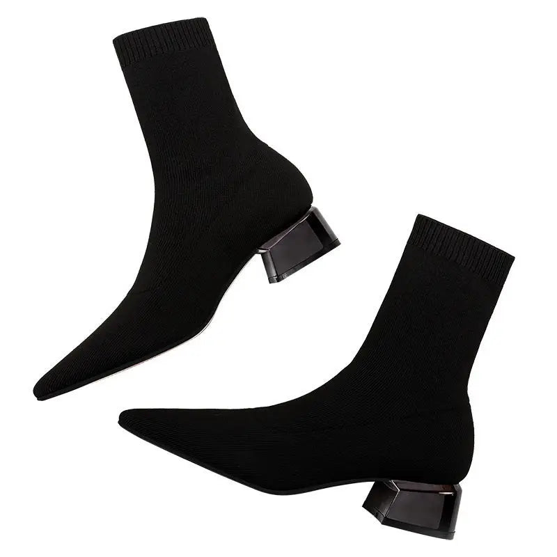 Comemore Women's Dress Pointed Mid-heeled Short Ankle Boot Female Autumn 2023 2024 Knitted Block Low Heel High Socks Boots Shoes