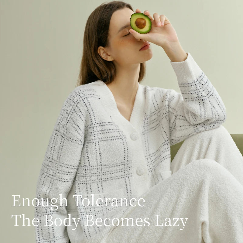 SUJIIN Women 2 Piece Outfits Pajamas Set Autumn Winter Casual Sleepwear Woman Striped Cardigan Tops Trousers Loungewear SH006