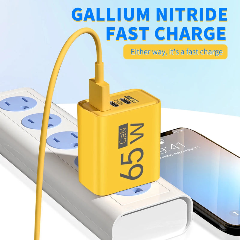 65W 3 Ports GaN USB PD Charger Fast Charging Type C Mobile Phone Adapter Quick Charger 3.0 For iPhone 15 Samsung Xiaomi Huawei