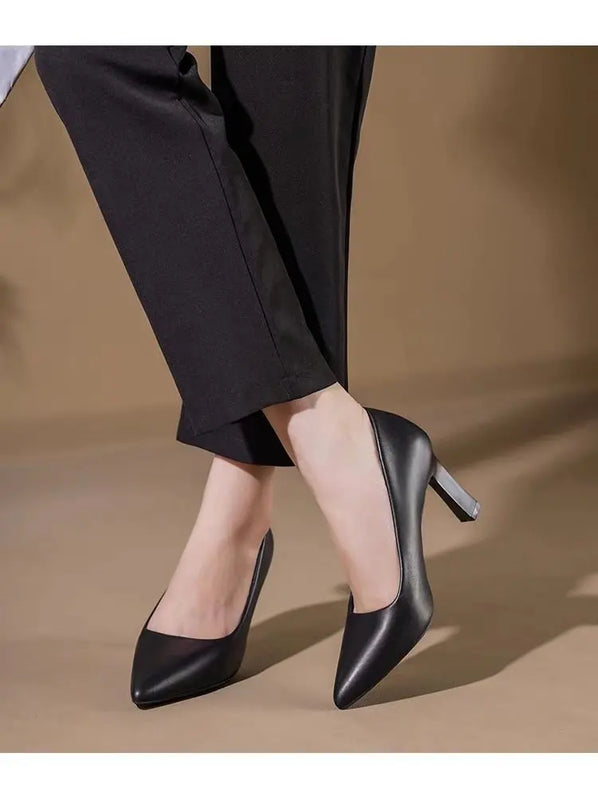 Soft PU Non-slip Single Shoe Work Shoes Women's Pumps Black Professional Interview High Heels Mid Heeled Work Leather Shoes