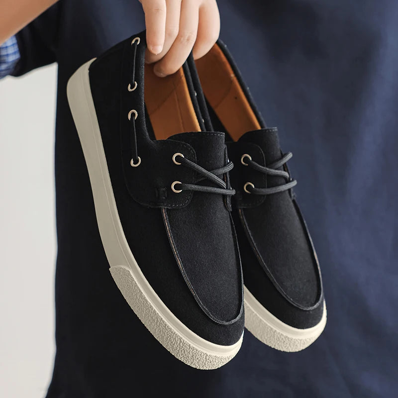 Men's Casual Loafers Shoes Fashion Thick Sole Suede Leather Boat Shoes Non-Slip Breathable Comfortable Slip-On Sneakers for Men