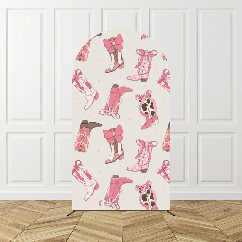 Cowgirl Pink Arch Backdrop Birthday Party Photo Background Kids Western Theme Decor Horse Shoe Boots Hat Pattern Celebration Bac