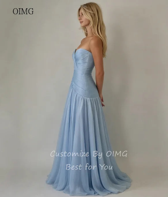 OIMG Sky Blue Sweetheart Neck A Line Prom Gowns Backless | SAMAG