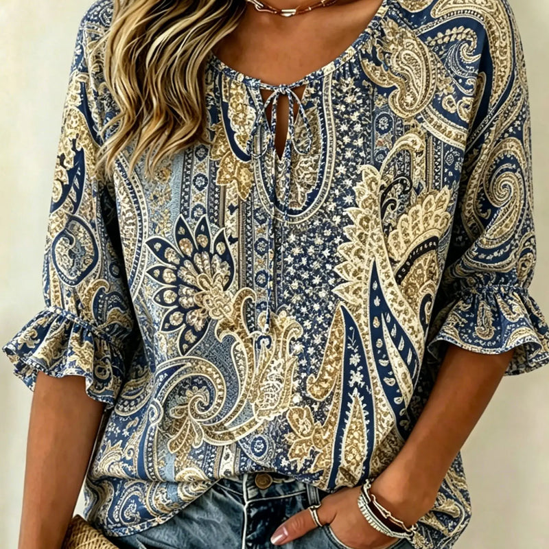 Women's Black Purple Floral Print Tie Neck Blouse, Casual - View 6 | SAMAG