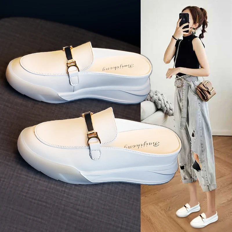 Women's 2026 New Solid Color Heightening Design Wedge Slippers Spring and Summer Metal Decorative Leisure Baotou Slippers