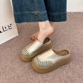 New Summer Women Ladies Stylish Perforated Woven Chunky Platform Mule Clogs Round Toe Non Slip Casual Slide Slippres Dress Shoes