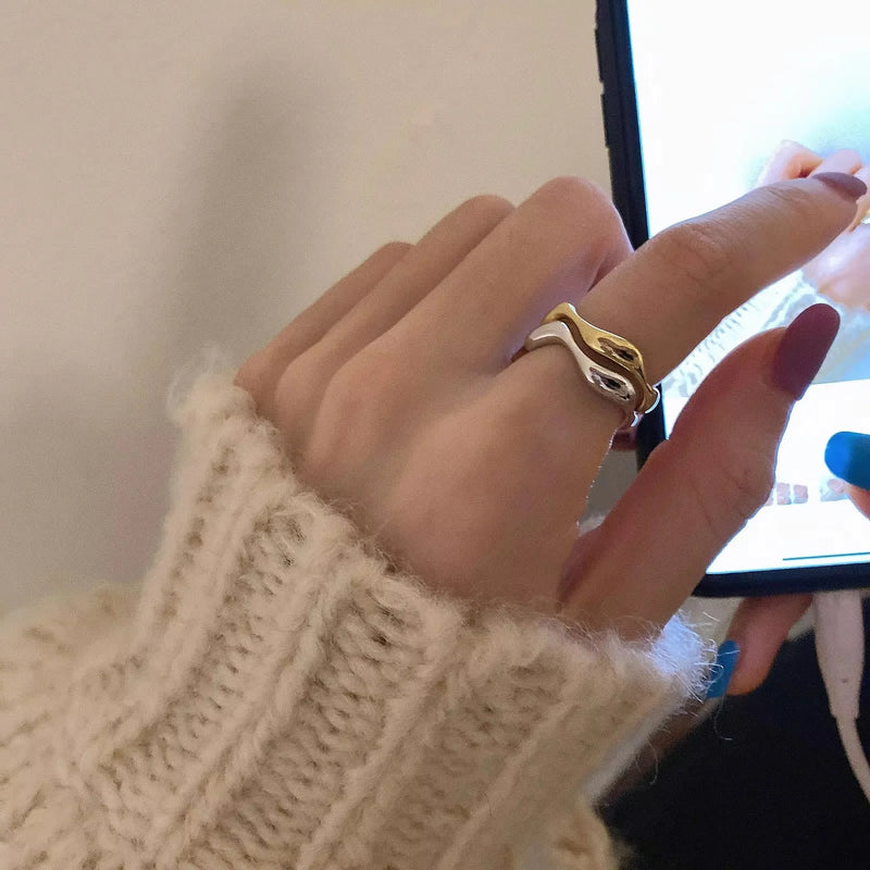 VENTFILLE 925 Sterling Silver Irregular Design Wave Golden Stackable Finger Rings Trendy Adjustable For - Visuel 2 | SAMAG