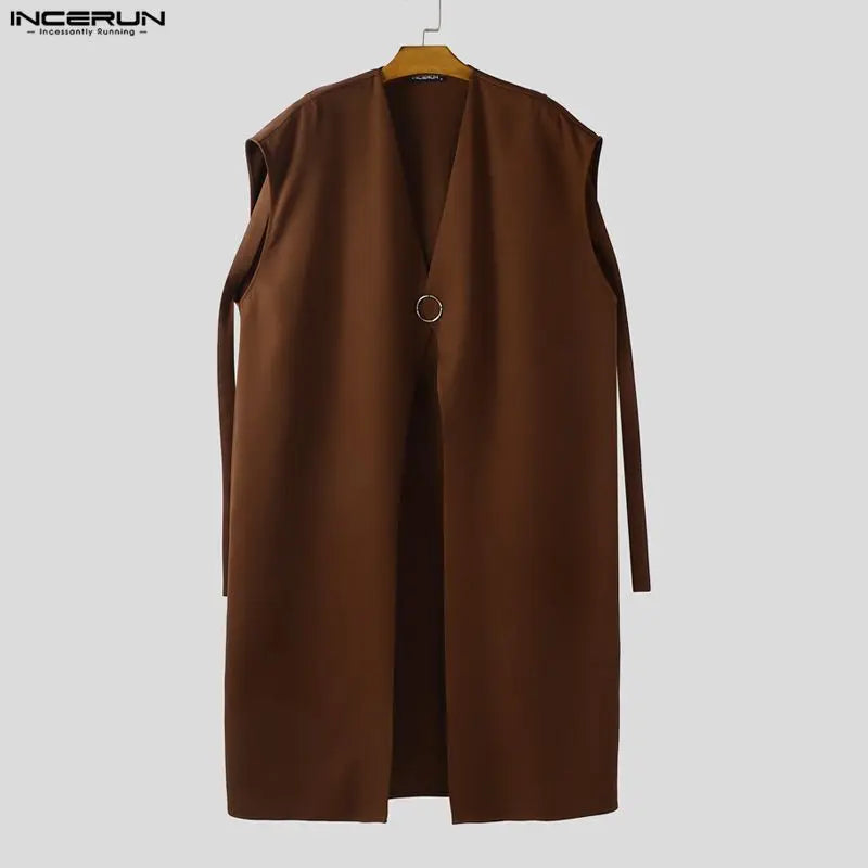 INCERUN Men Vests Cloak Solid Color Oversize V Neck One Button Sleeveless Male Waistcoats Ponchos Streetwear Fashion Cape Men