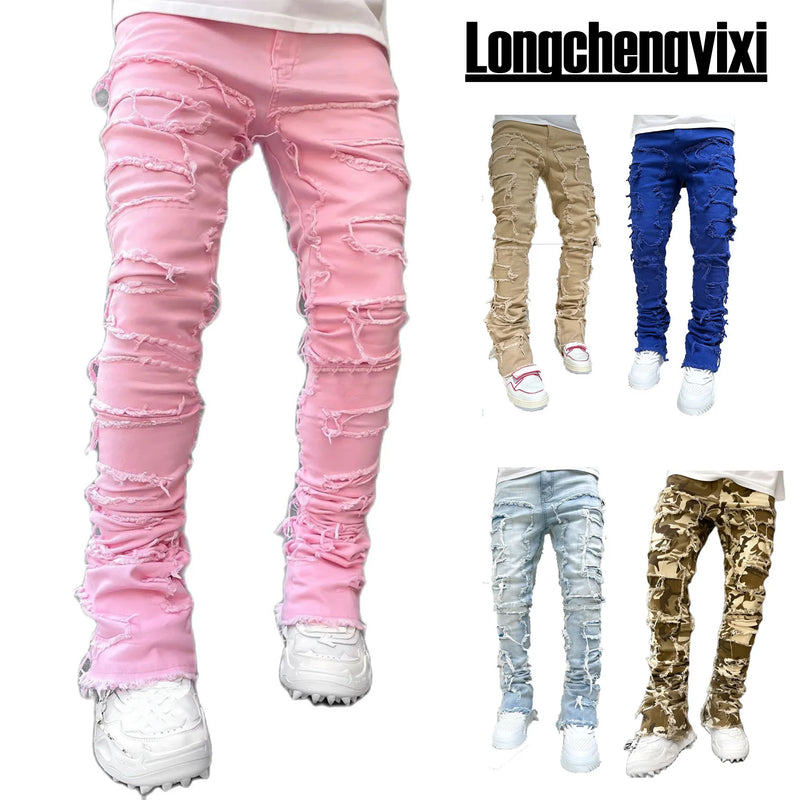 Men's Regular Fit Stacked Jeans Ripped Slim Patch | SAMAG