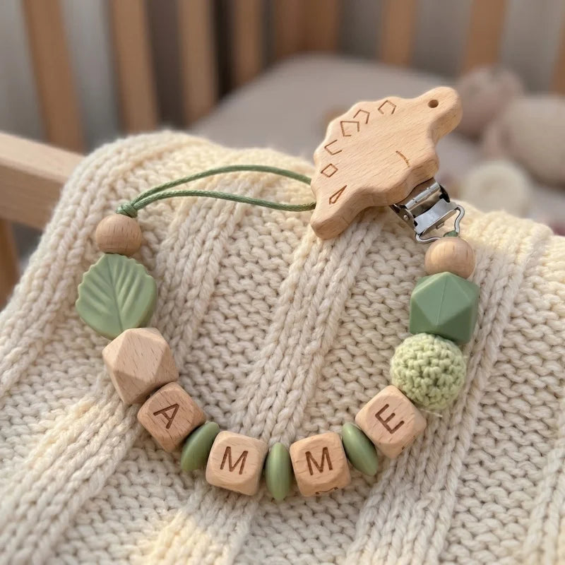 Personalized Name Pacifier Clip Silicone Wooden Dinosaur Baby Teether Holder BPA Free Custom Soother Chain Handmade Dummy Clip