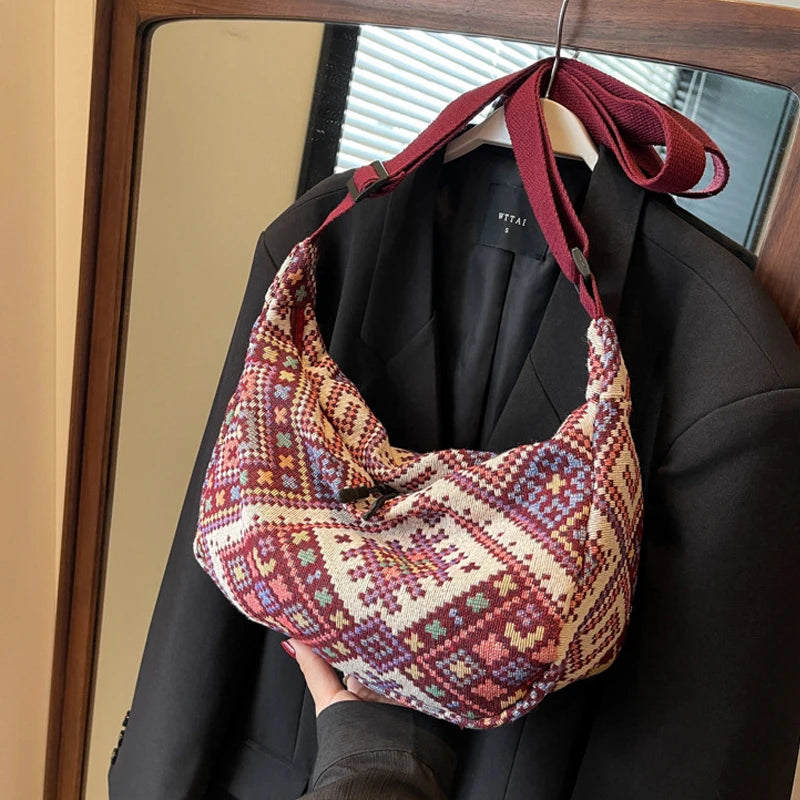 Vintage Female Shoulder Messenger Bag Trend Simple Zipper Handbags Ethnic-Style Canvas Shoulder Bag Small Tote Crossbody Bags