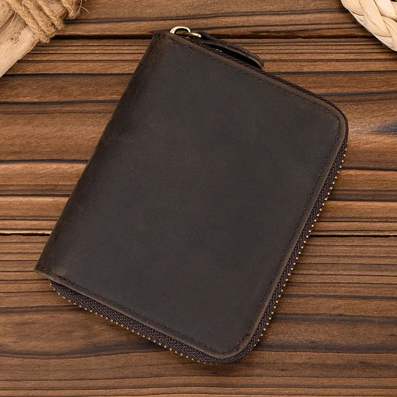 Men Crazy horse Genuine Leather Coin Wallet Real Leather Snap Short Purse Women Coin Pocket Zip Around Small Trifold Pocket