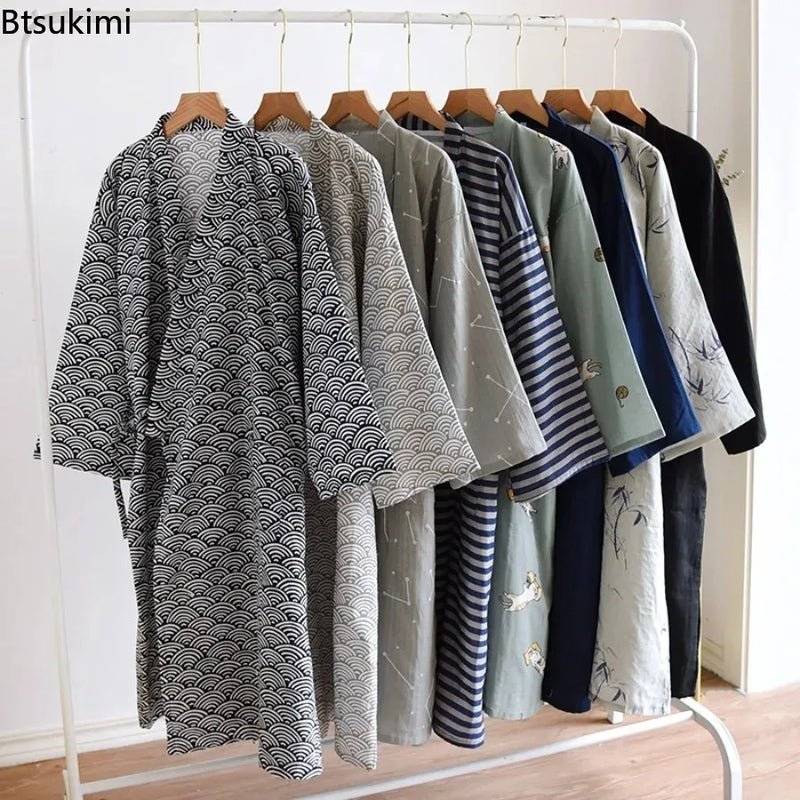 2026 New Men's 100% Cotton Gauze Bath Robes Loose Thin Japanese Kimono Pajamas for Men Casual Lace Up Bathrobes V-Neck Nightgown