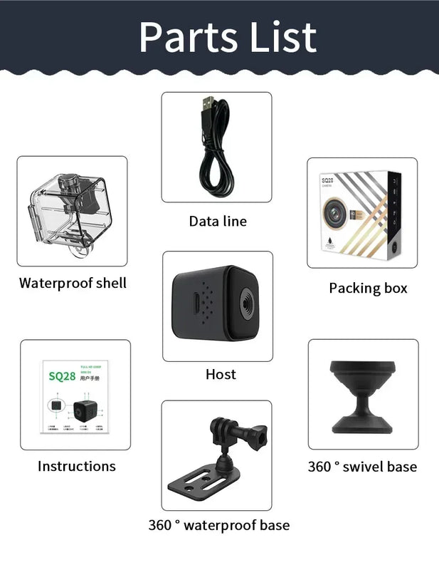 1080p SQ28 Outdoor Waterproof Sports Camera  Portable Car Mini DV Camera High Definition Aviation Small Direct Recording Camera