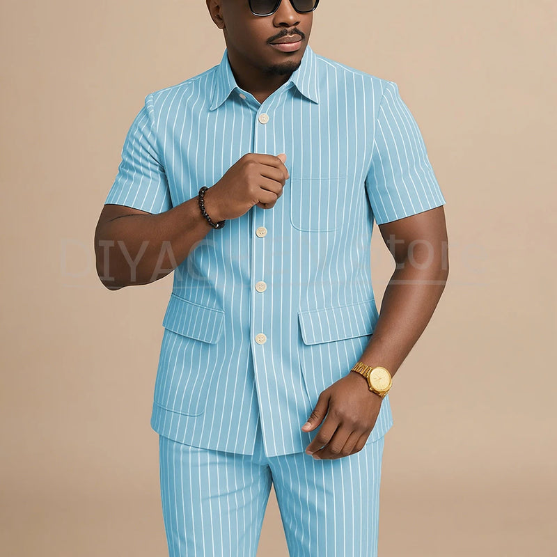 Navy Blue Striped Men Suits Chic Stand Collar Short Sleeves Wear Single Breasted Office Business Casual Male Suit 2 Piece